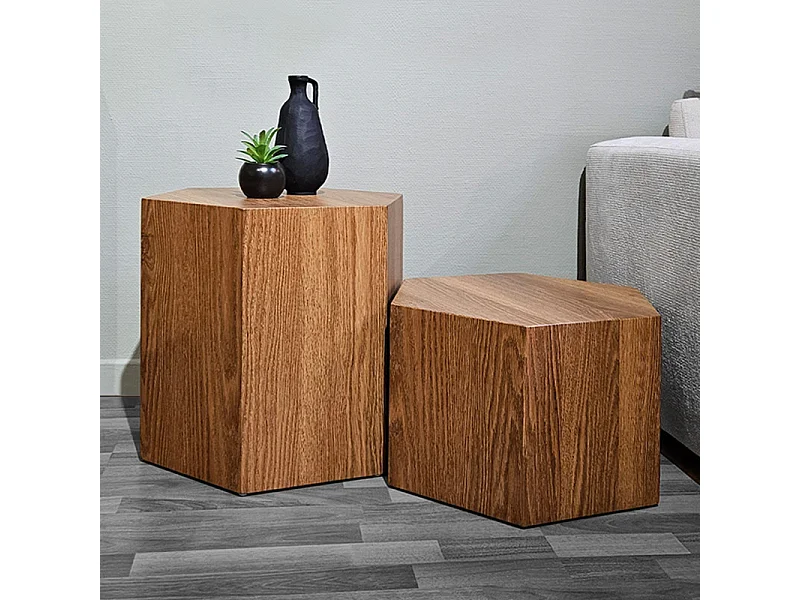 Petite table d'appoint hexagonale décor chêne H. 30 cm - CARAMELLO