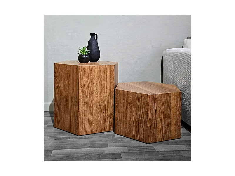 Grande table d'appoint hexagonale décor chêne H. 46 cm - CARAMELLO