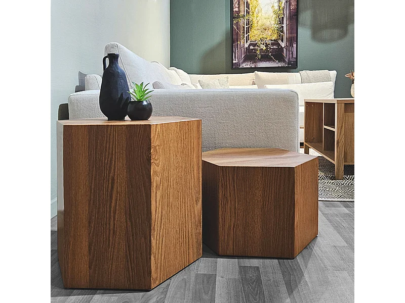 Grande table d'appoint hexagonale décor chêne H. 46 cm - CARAMELLO