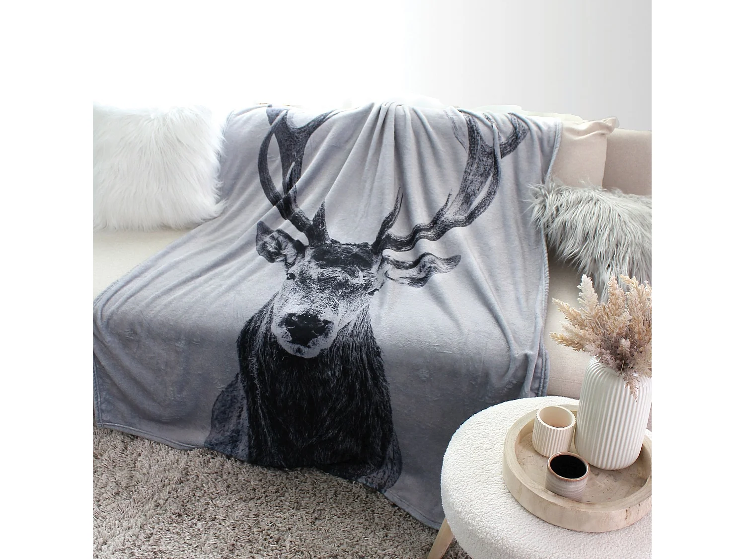 Plaid en Flanelle Imprime "Epicéa" 130x170cm Gris Foncé