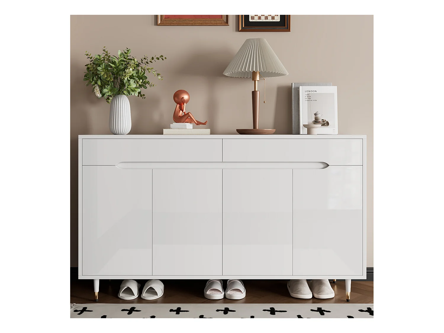 Meuble à chaussures blanc avec 4 portes et 2 tiroirs, étagères réglables