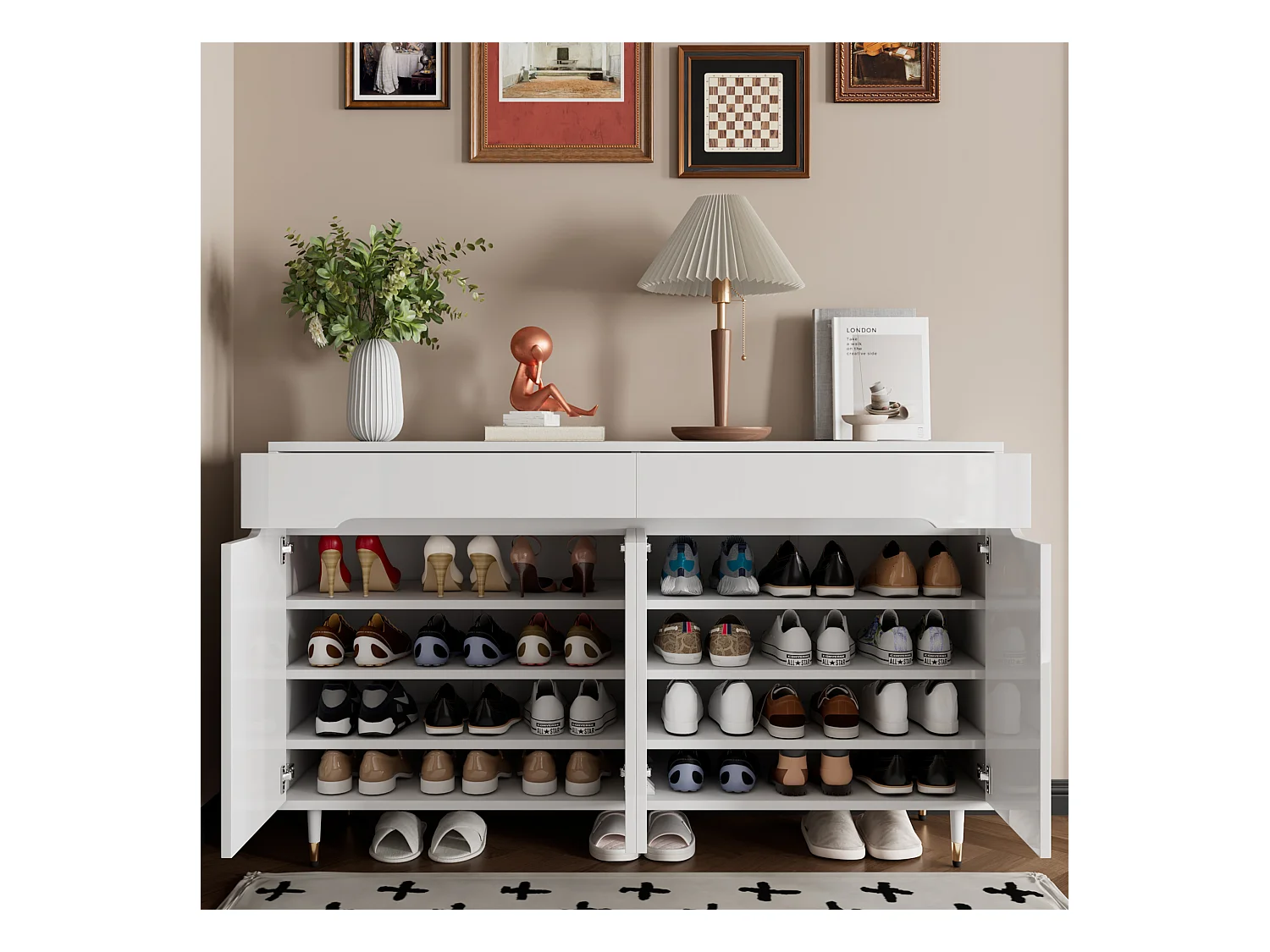 Meuble à chaussures blanc avec 4 portes et 2 tiroirs, étagères réglables