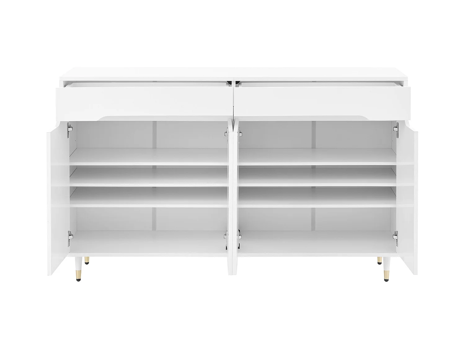 Meuble à chaussures blanc avec 4 portes et 2 tiroirs, étagères réglables