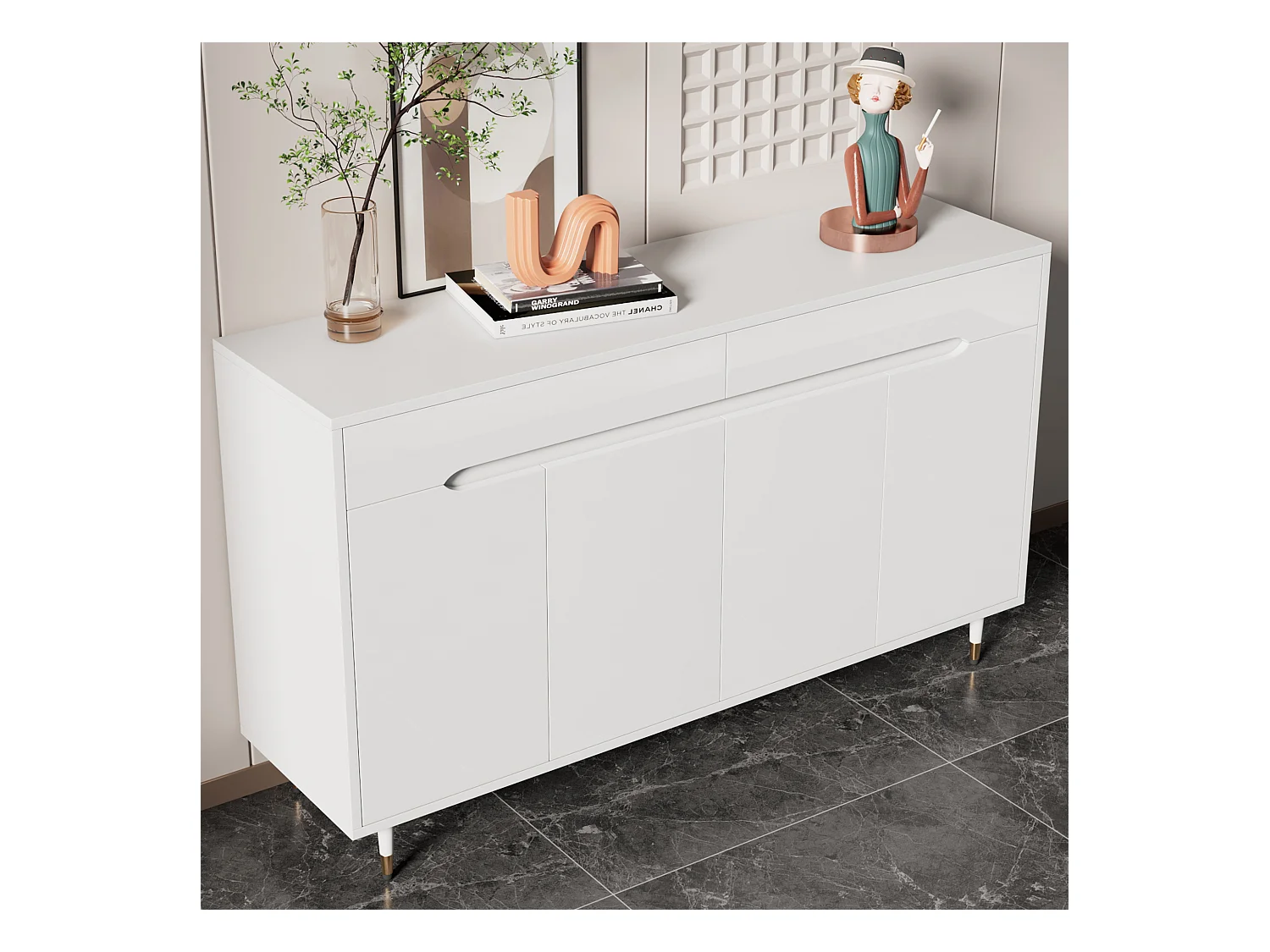 Meuble à chaussures blanc avec 4 portes et 2 tiroirs, étagères réglables