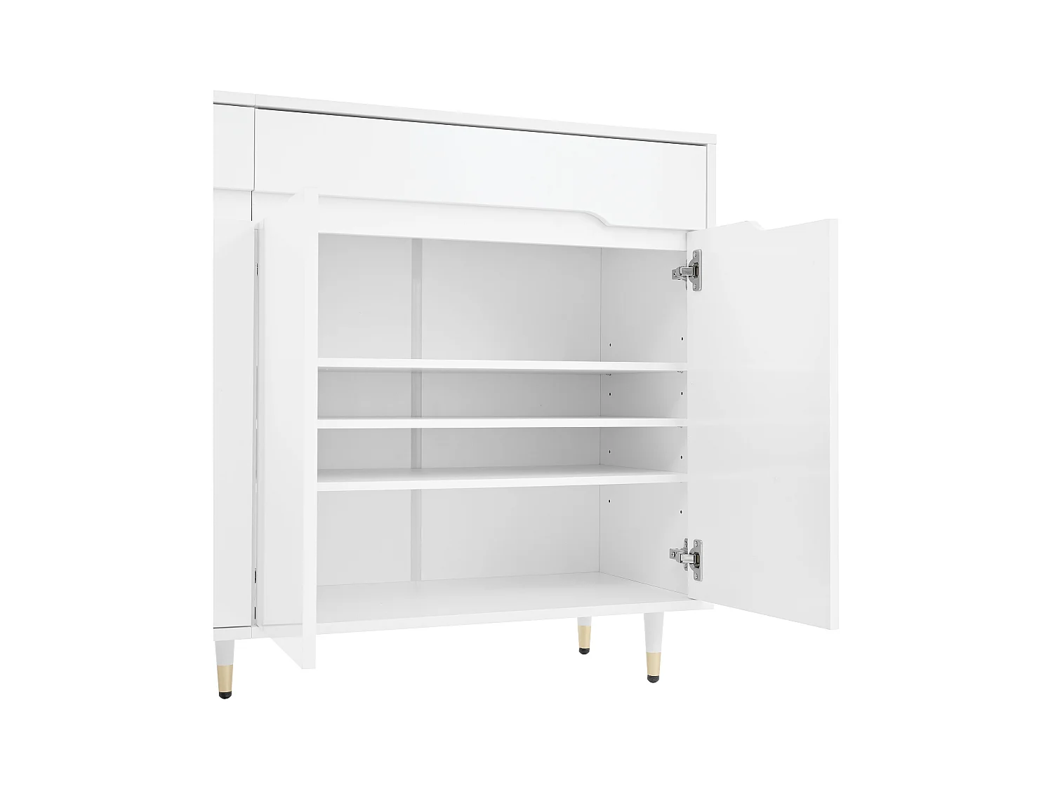 Meuble à chaussures blanc avec 4 portes et 2 tiroirs, étagères réglables