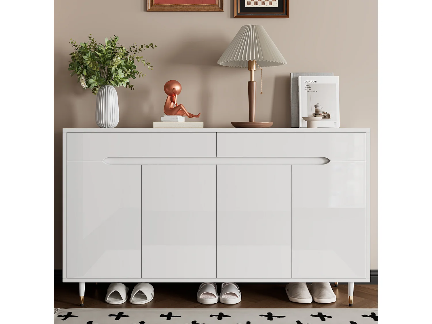 Meuble à chaussures blanc avec 4 portes et 2 tiroirs, étagères réglables