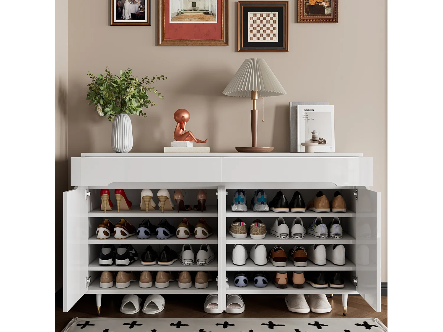 Meuble à chaussures blanc avec 4 portes et 2 tiroirs, étagères réglables