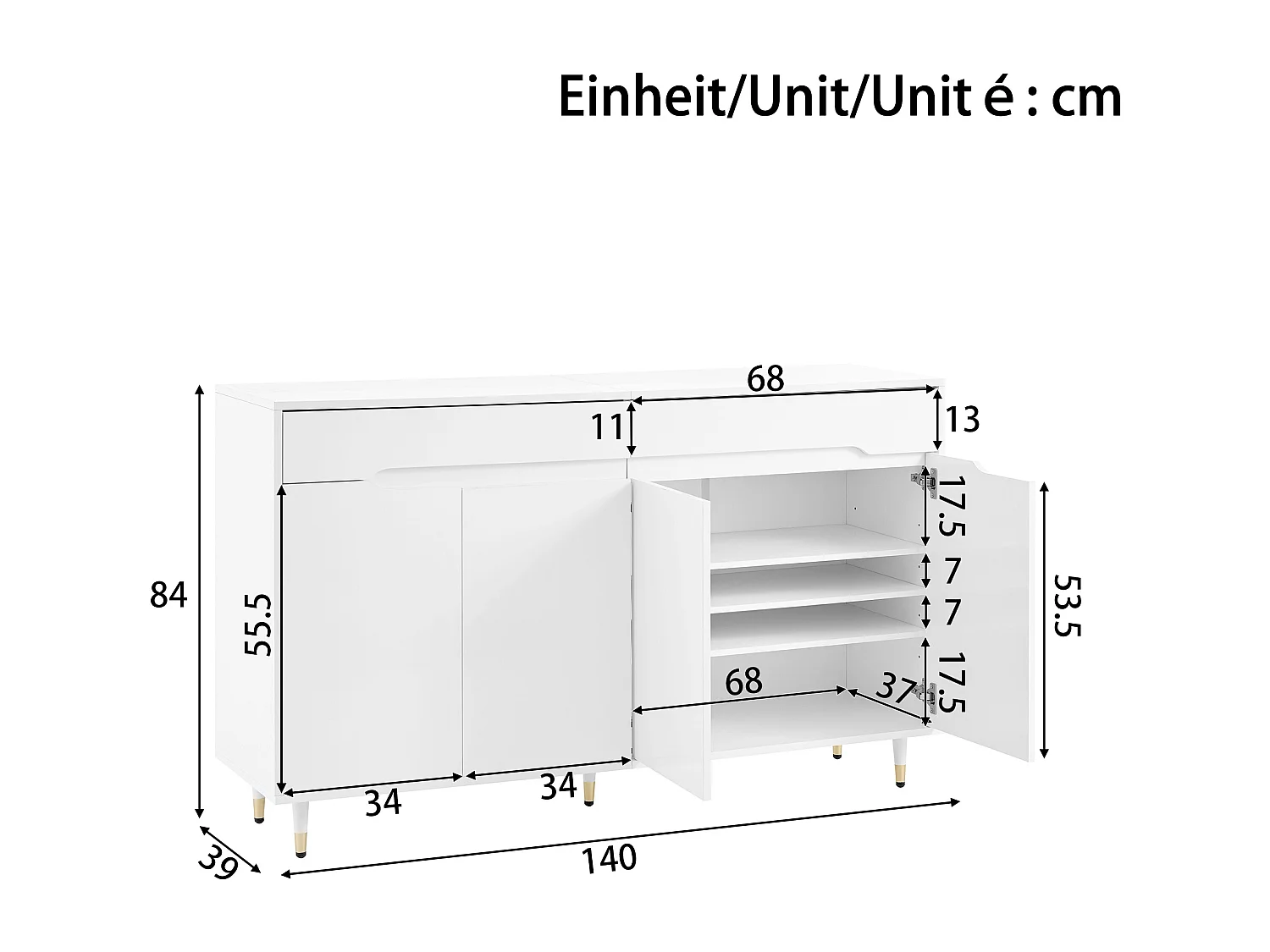 Meuble à chaussures blanc avec 4 portes et 2 tiroirs, étagères réglables
