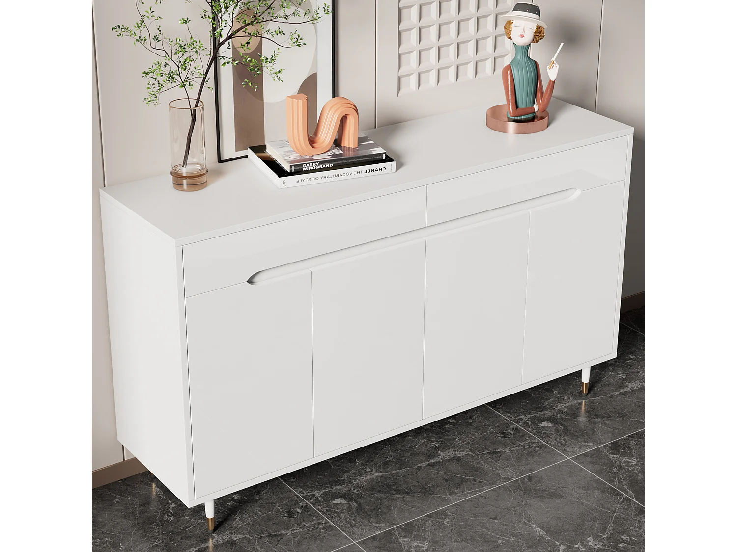 Meuble à chaussures blanc avec 4 portes et 2 tiroirs, étagères réglables