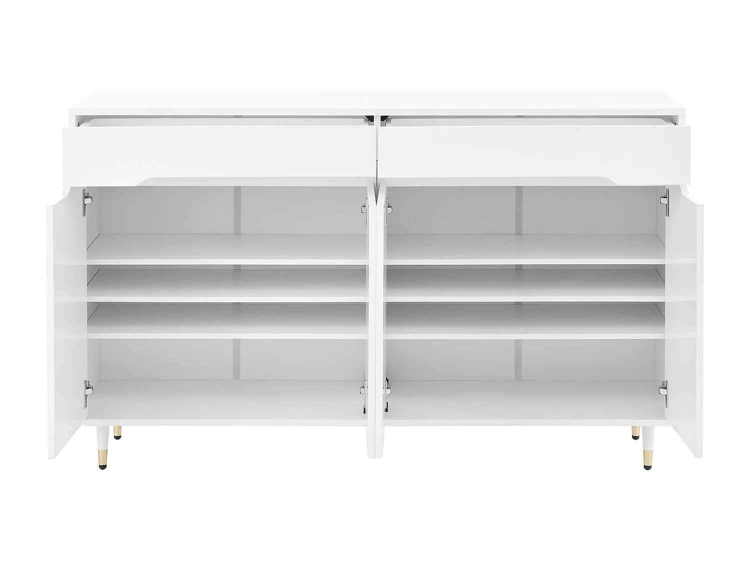 Meuble à chaussures blanc avec 4 portes et 2 tiroirs, étagères réglables