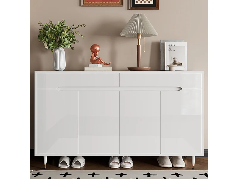 Meuble à chaussures blanc avec 4 portes et 2 tiroirs, étagères réglables