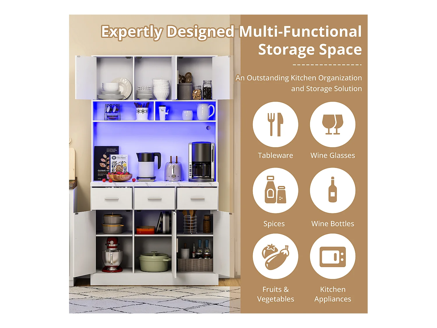 Buffet de cuisine avec 6 portes, 3 tiroirs, éclairage LED et prises, blanc