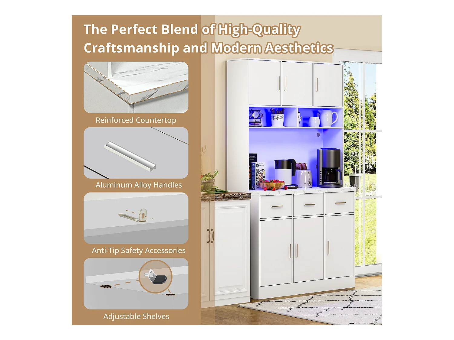 Buffet de cuisine avec 6 portes, 3 tiroirs, éclairage LED et prises, blanc