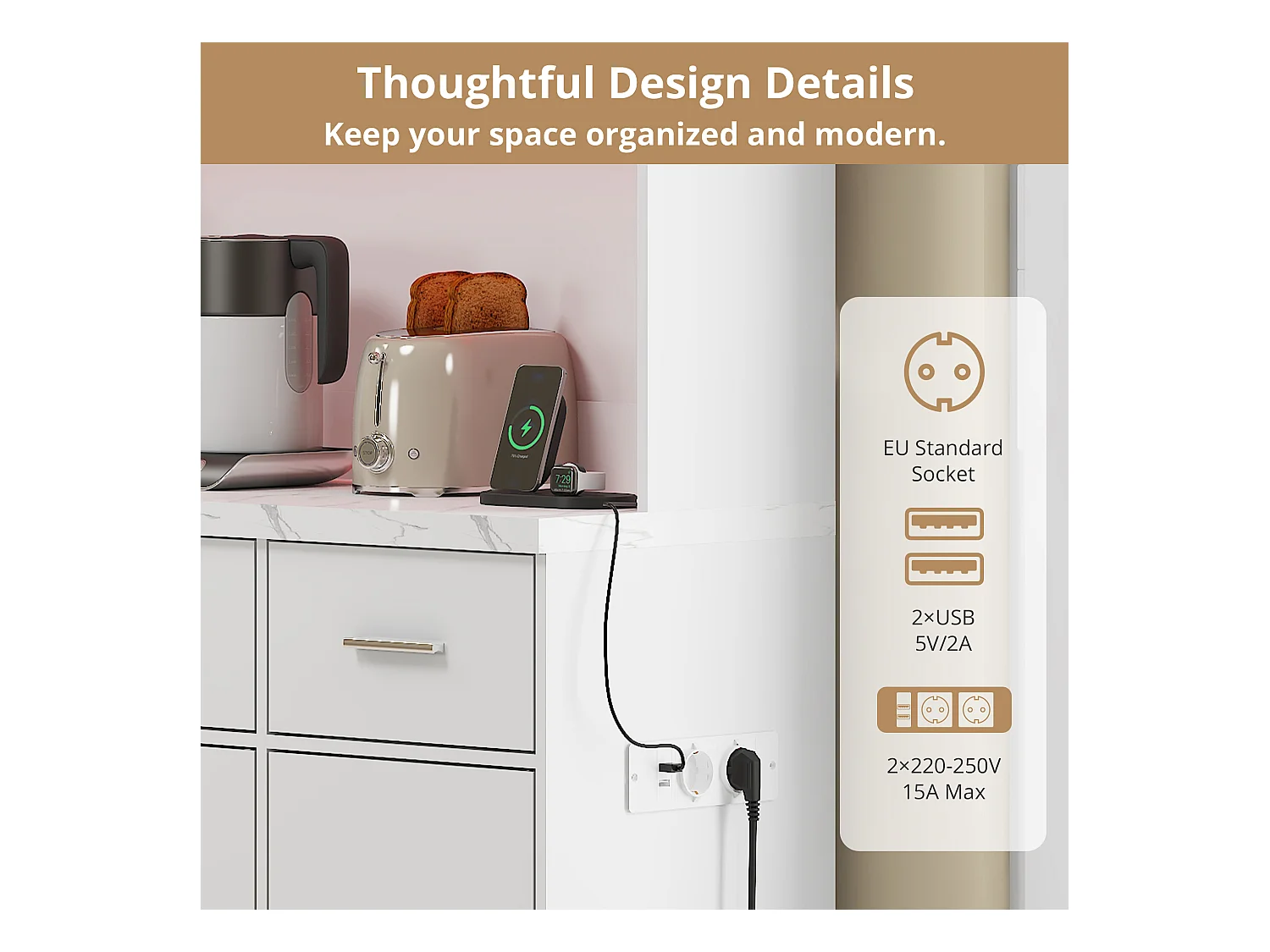 Buffet de cuisine avec 6 portes, 3 tiroirs, éclairage LED et prises, blanc