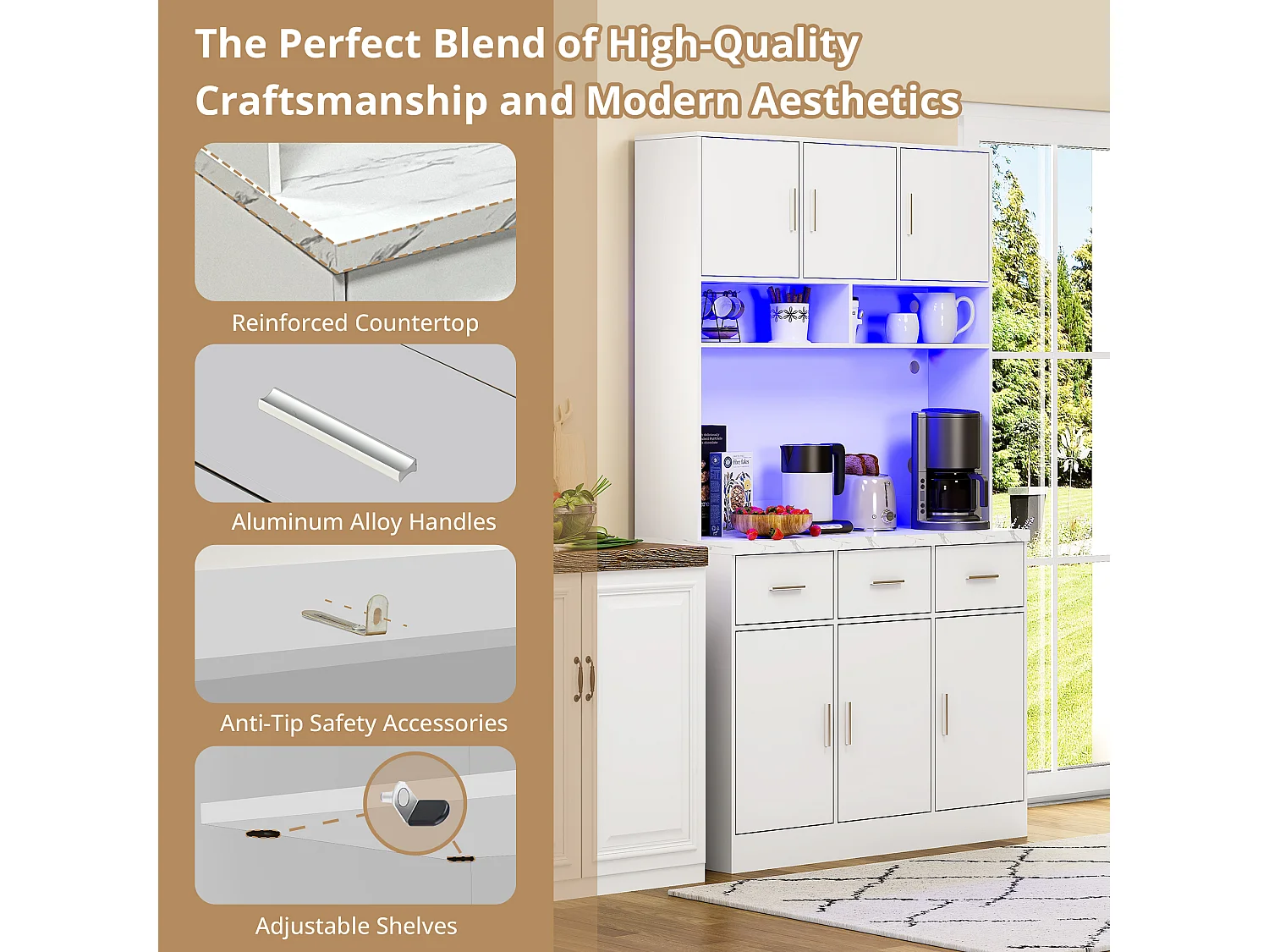 Buffet de cuisine avec 6 portes, 3 tiroirs, éclairage LED et prises, blanc