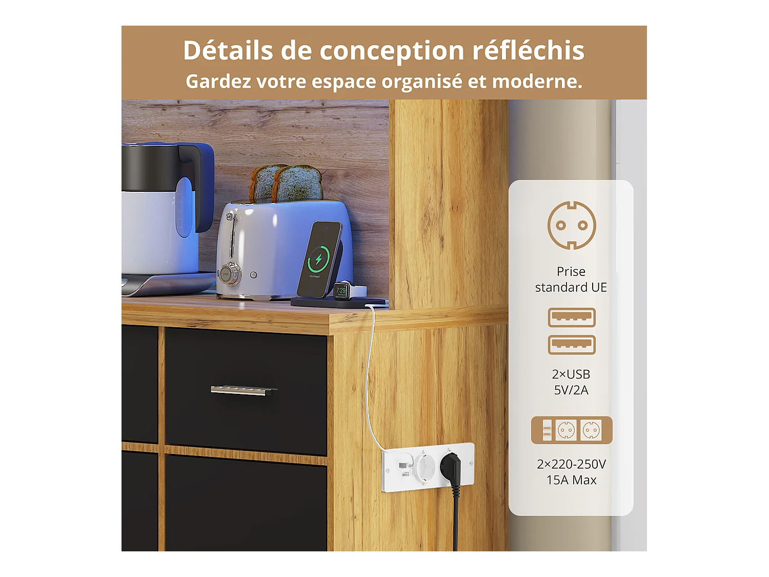 Buffet de cuisine avec 6 portes, 3 tiroirs, éclairage LED et prises, noir et naturel