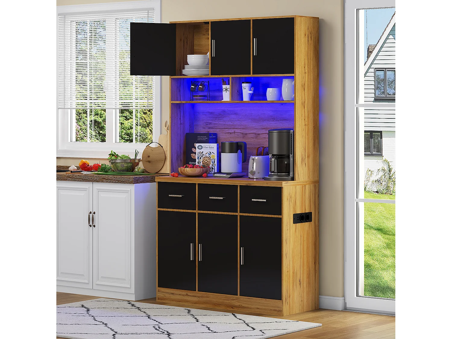 Buffet de cuisine avec 6 portes, 3 tiroirs, éclairage LED et prises, noir et naturel