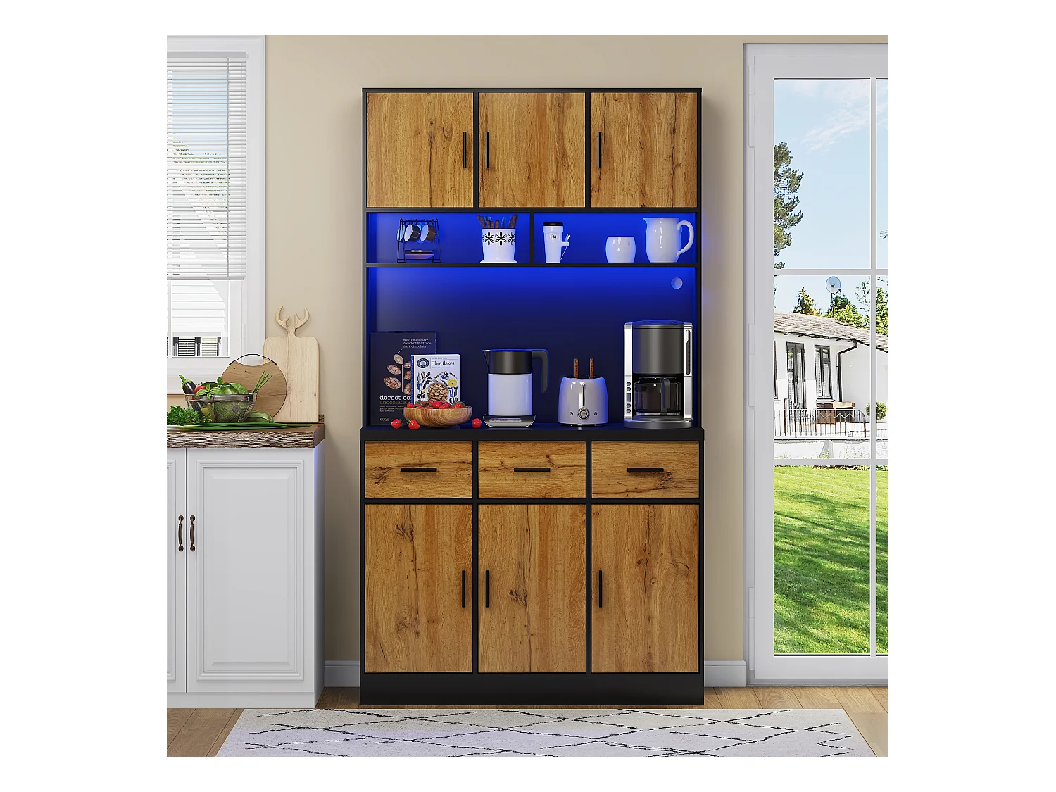 Credenza da cucina con 6 ante, 3 cassetti, illuminazione a LED e prese, naturale e nero 100x40x180cm