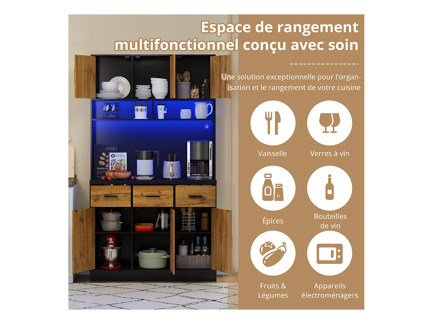 Credenza da cucina con 6 ante, 3 cassetti, illuminazione a LED e prese, naturale e nero 100x40x180cm