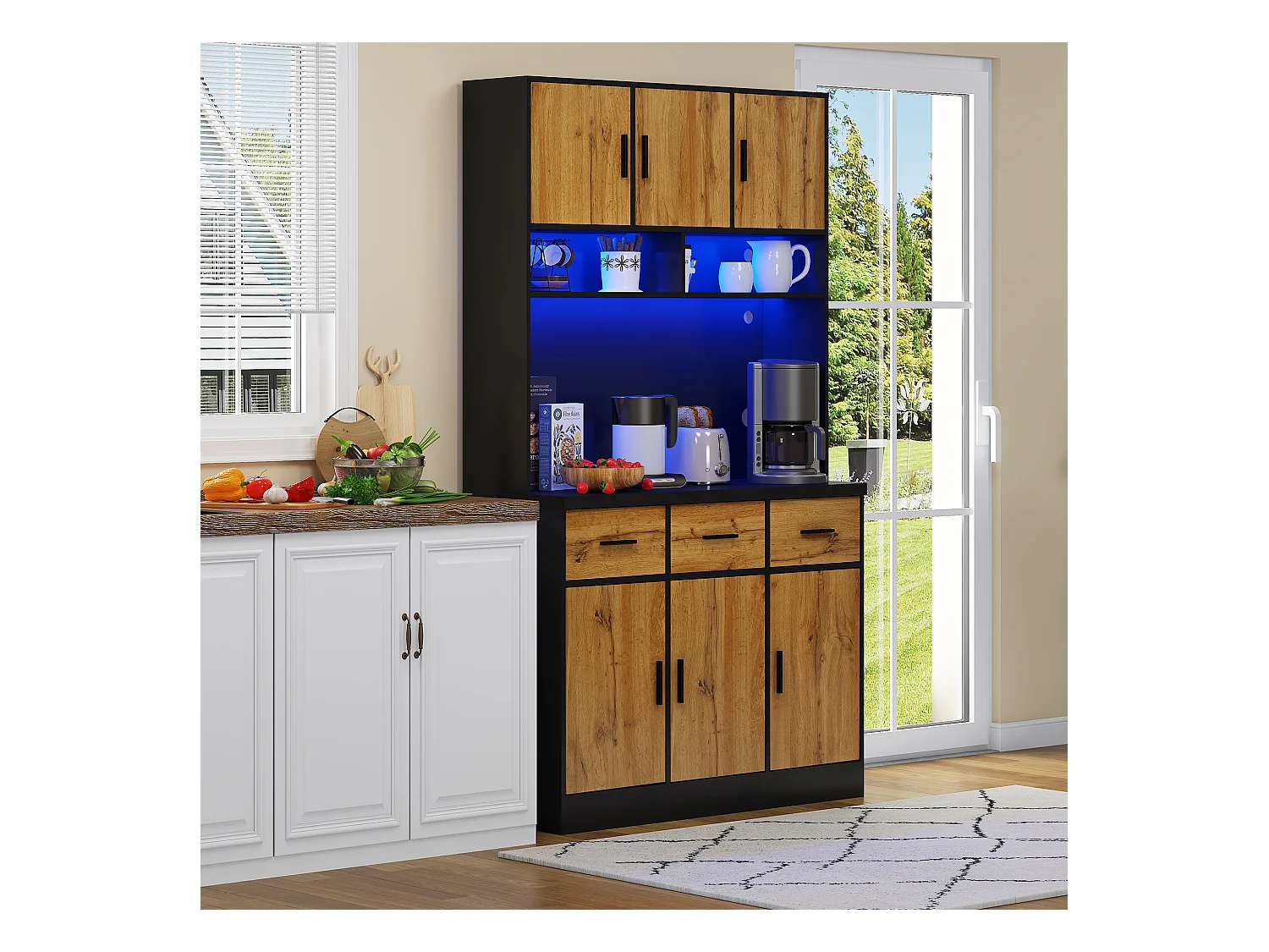 Credenza da cucina con 6 ante, 3 cassetti, illuminazione a LED e prese, naturale e nero 100x40x180cm