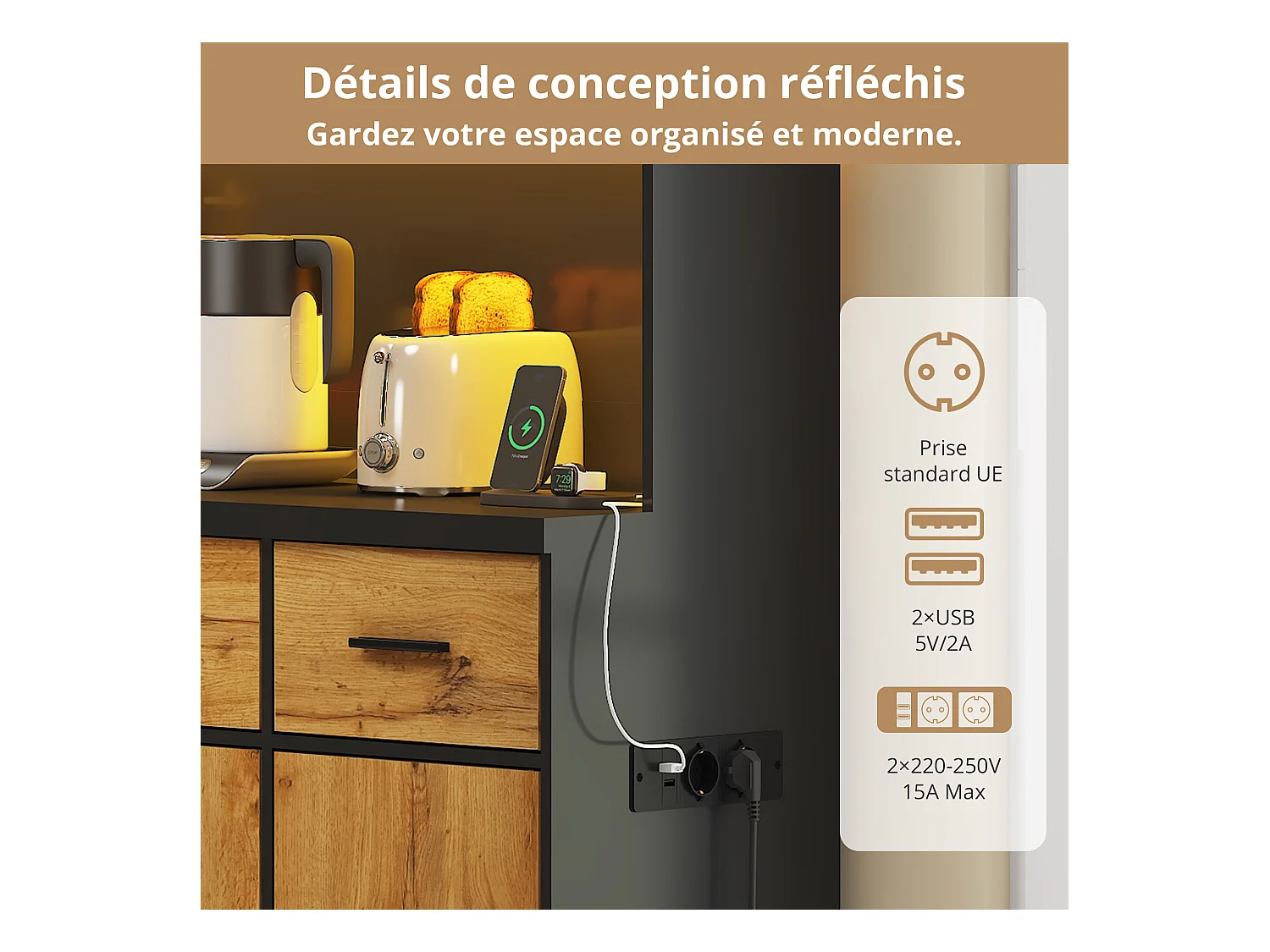 Credenza da cucina con 6 ante, 3 cassetti, illuminazione a LED e prese, naturale e nero 100x40x180cm