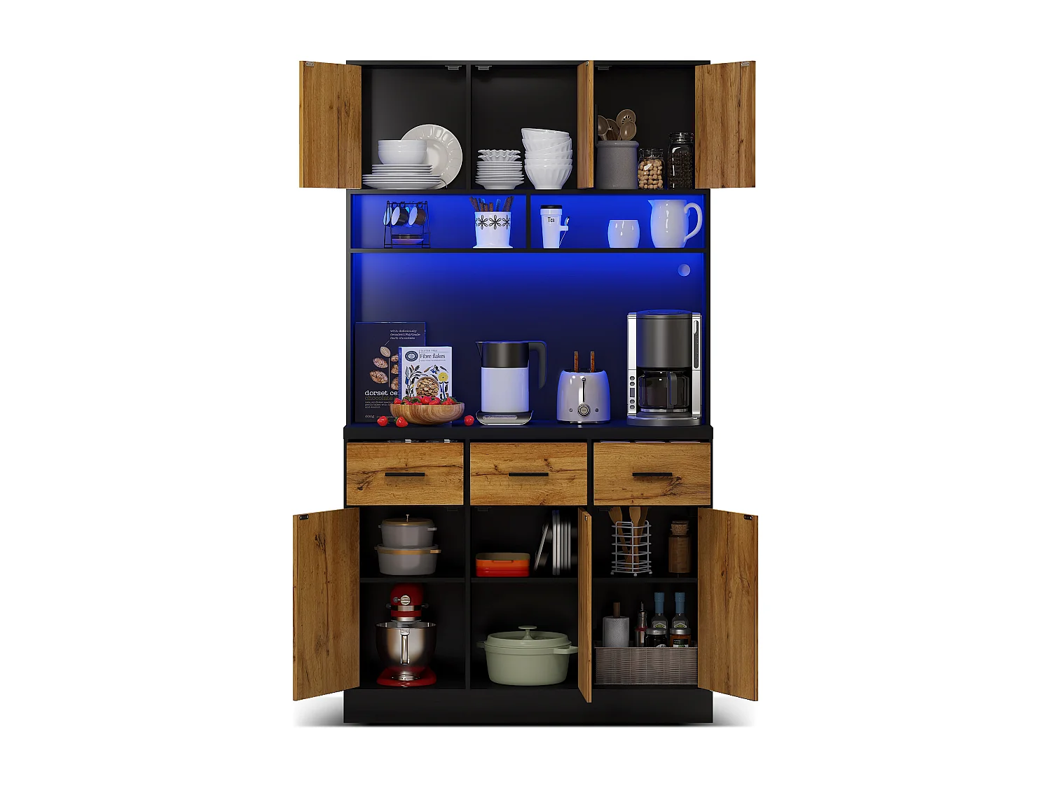 Buffet de cuisine avec 6 portes, 3 tiroirs, éclairage LED et prises, naturel et noir 100x40x180cm