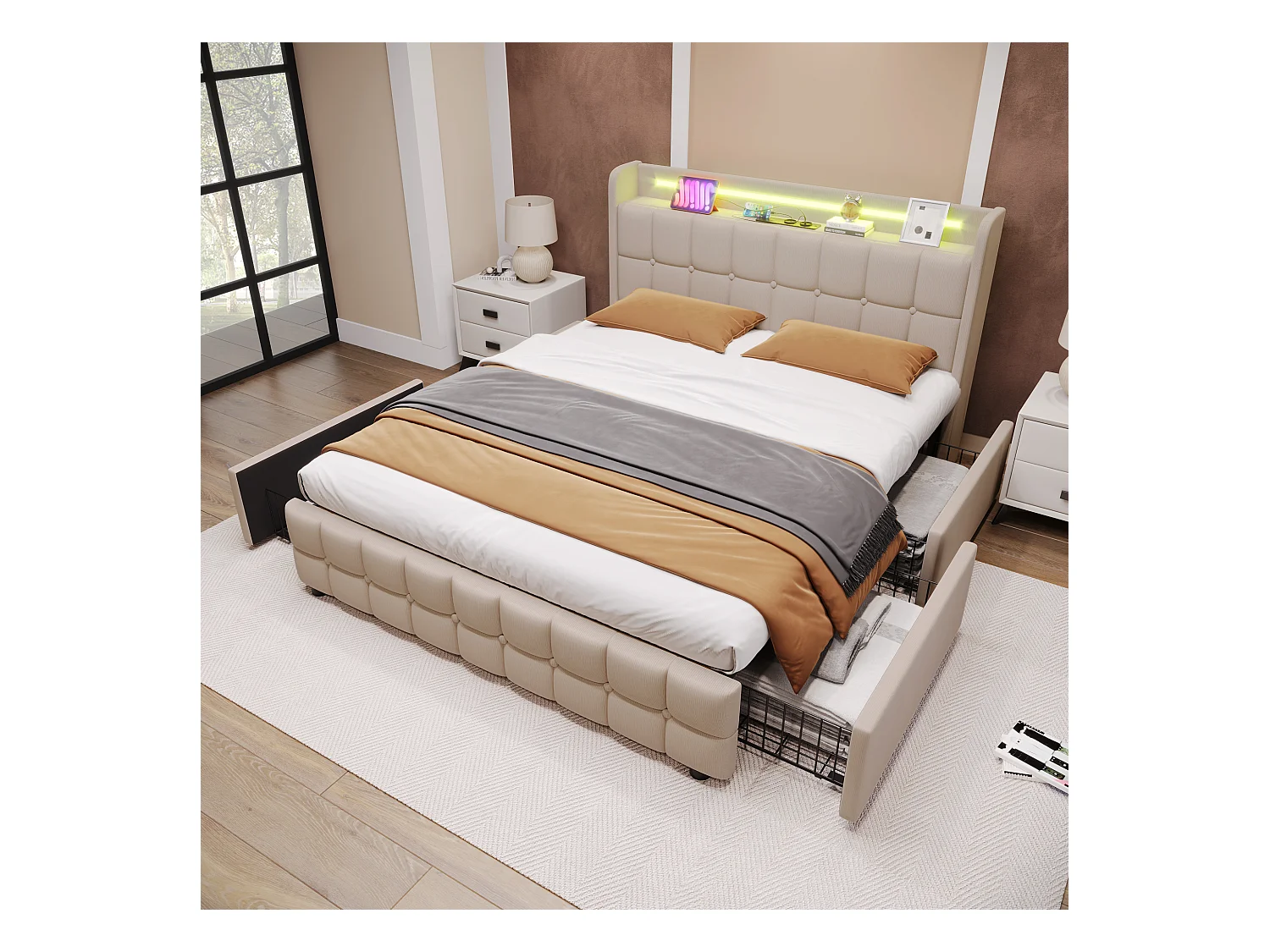 Lit double beige 140x200cm avec  4 tiroirs, chargement USB et LED, matelas+ tissu lin