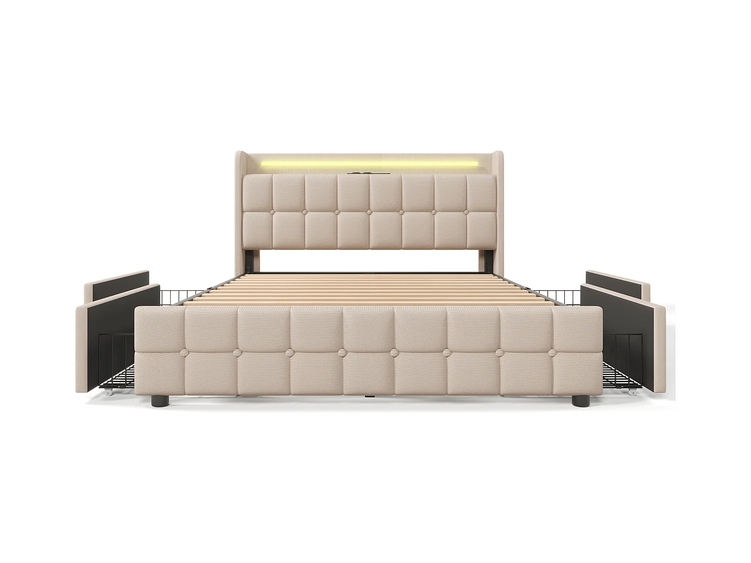 Lit double beige 140x200cm avec  4 tiroirs, chargement USB et LED, matelas+ tissu lin