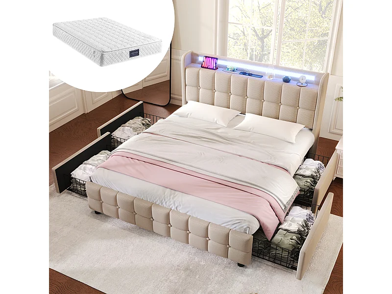 Cama de casal bege 140x200cm com 4 gavetas, carregamento USB e LED, colchão + tecido linho