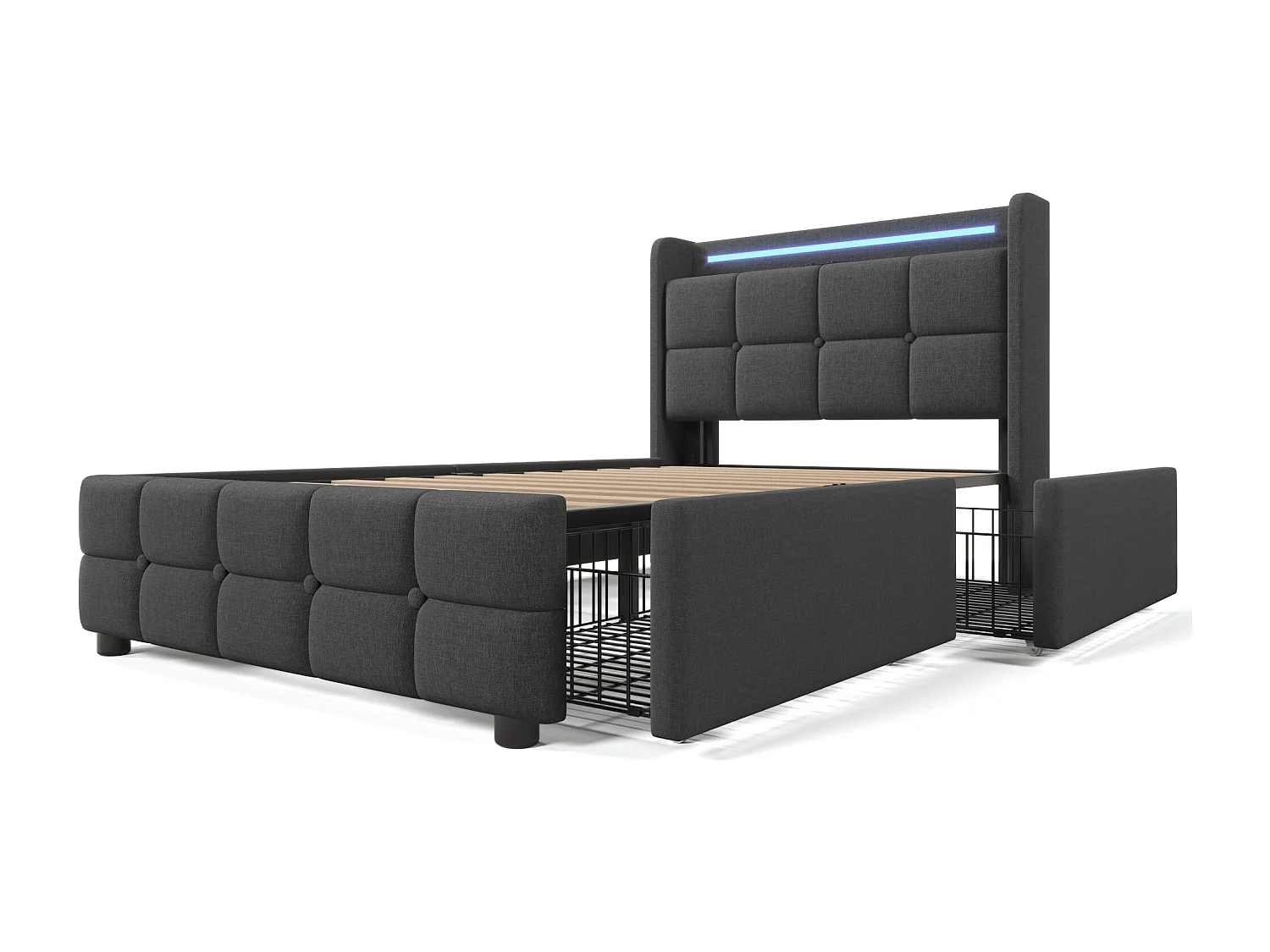 Cama individual gris 90x200cm con colchón, 2 cajones, carga USB y LED