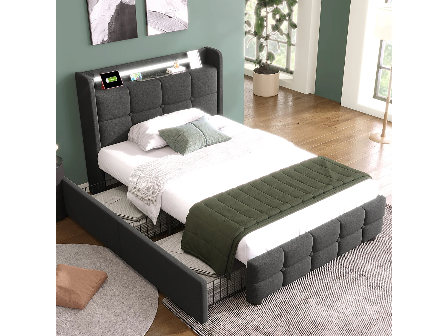 Cama individual gris 90x200cm con colchón, 2 cajones, carga USB y LED