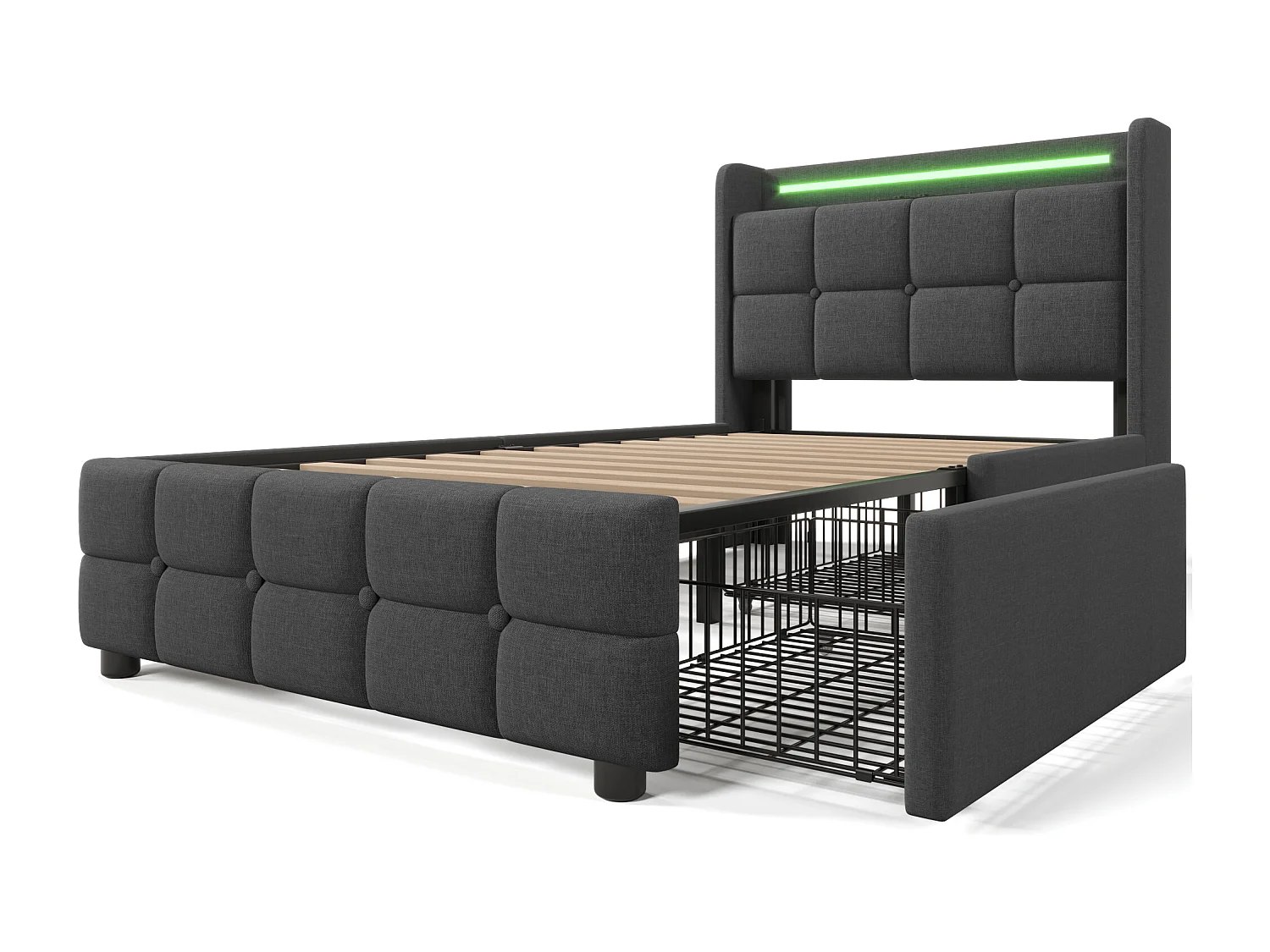 Cama individual gris 90x200cm con colchón, 2 cajones, carga USB y LED