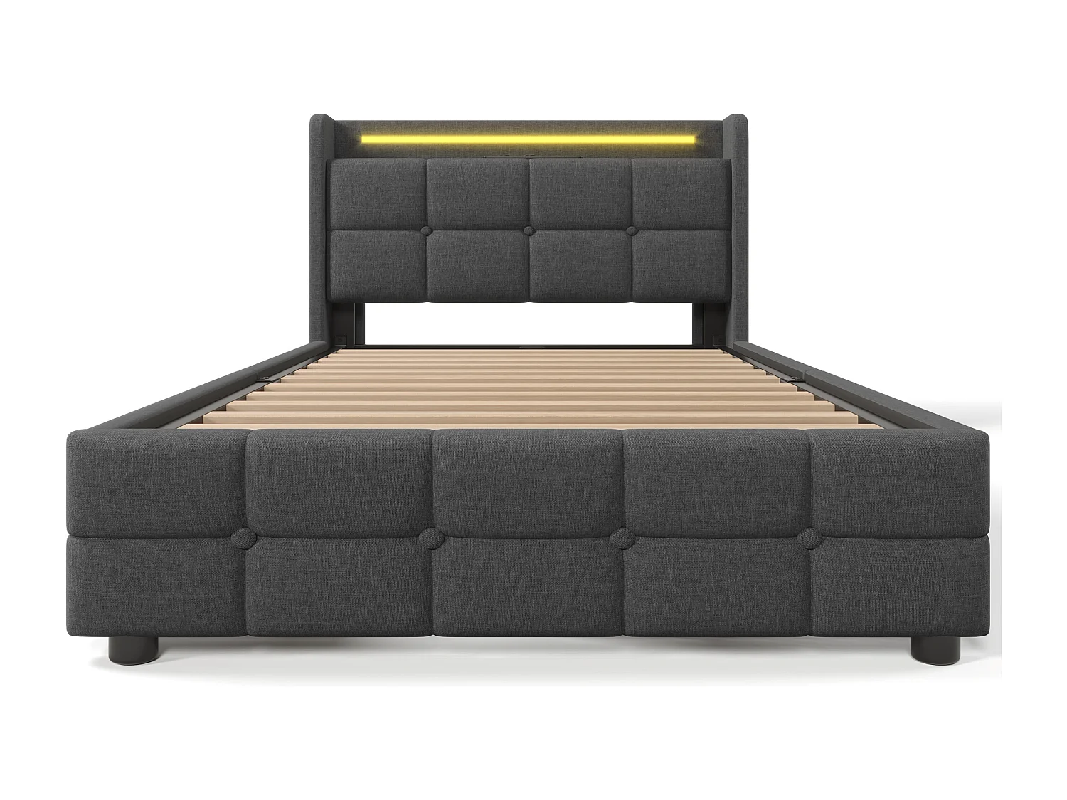 Cama individual gris 90x200cm con colchón, 2 cajones, carga USB y LED