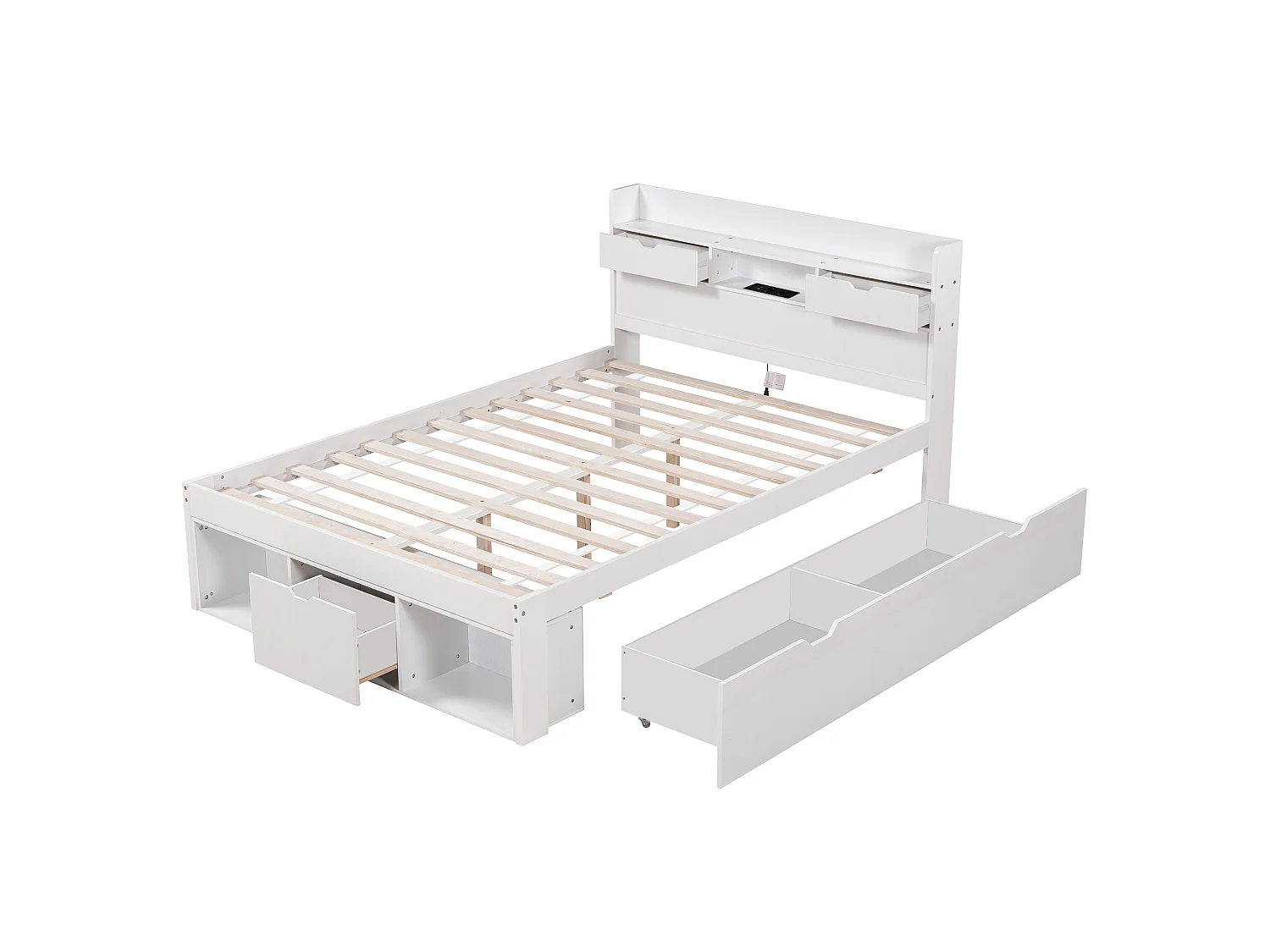 Cama de casal branca 140x190cm com 5 gavetas e porta USB, amplo espaço de arrumação, sem colchão