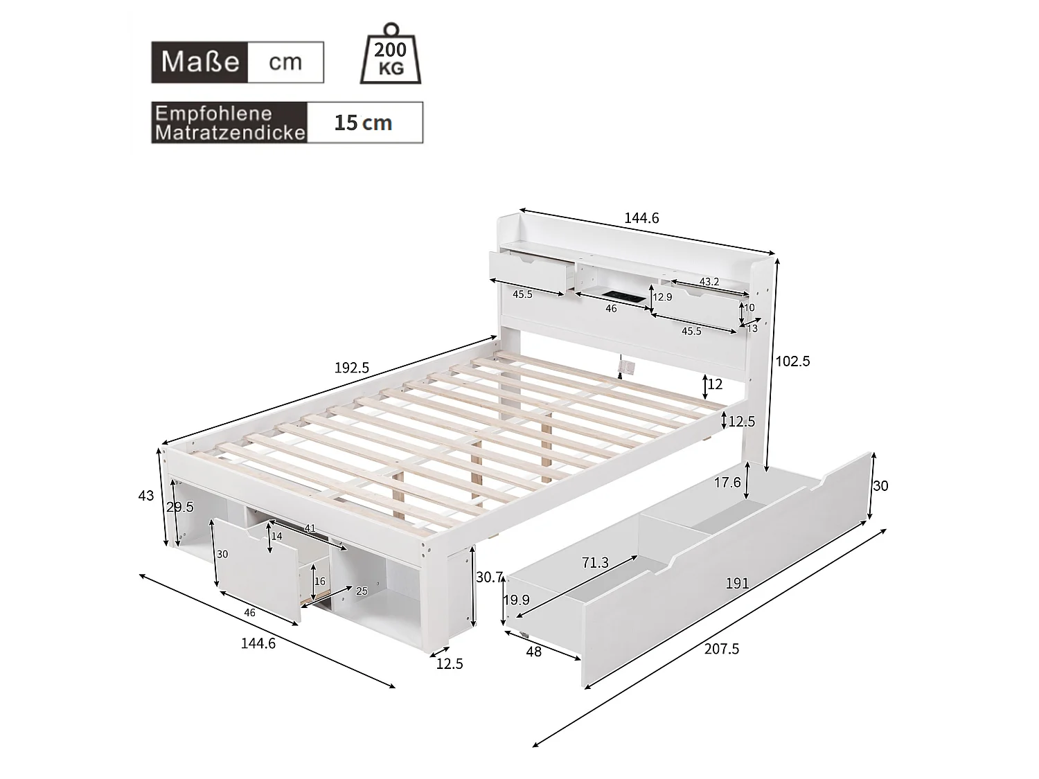 Cama de casal branca 140x190cm com 5 gavetas e porta USB, amplo espaço de arrumação, sem colchão