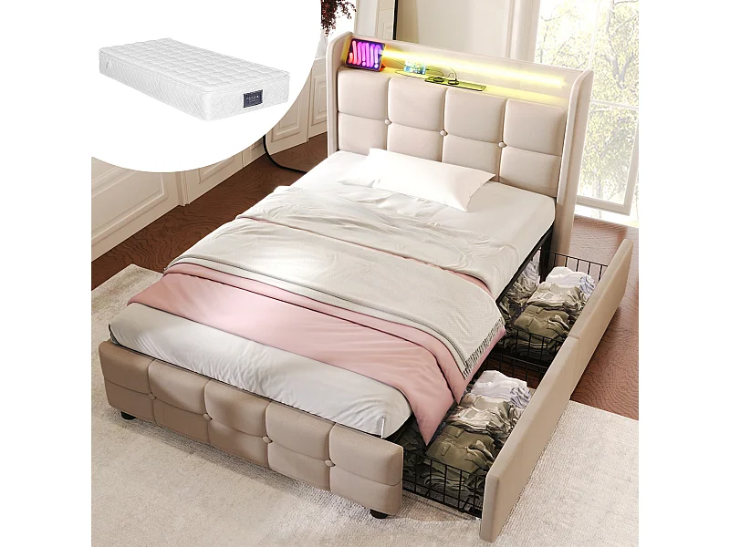 Lit simple beige 90x200cm avec matelas, 2 tiroirs, chargement USB et LED
