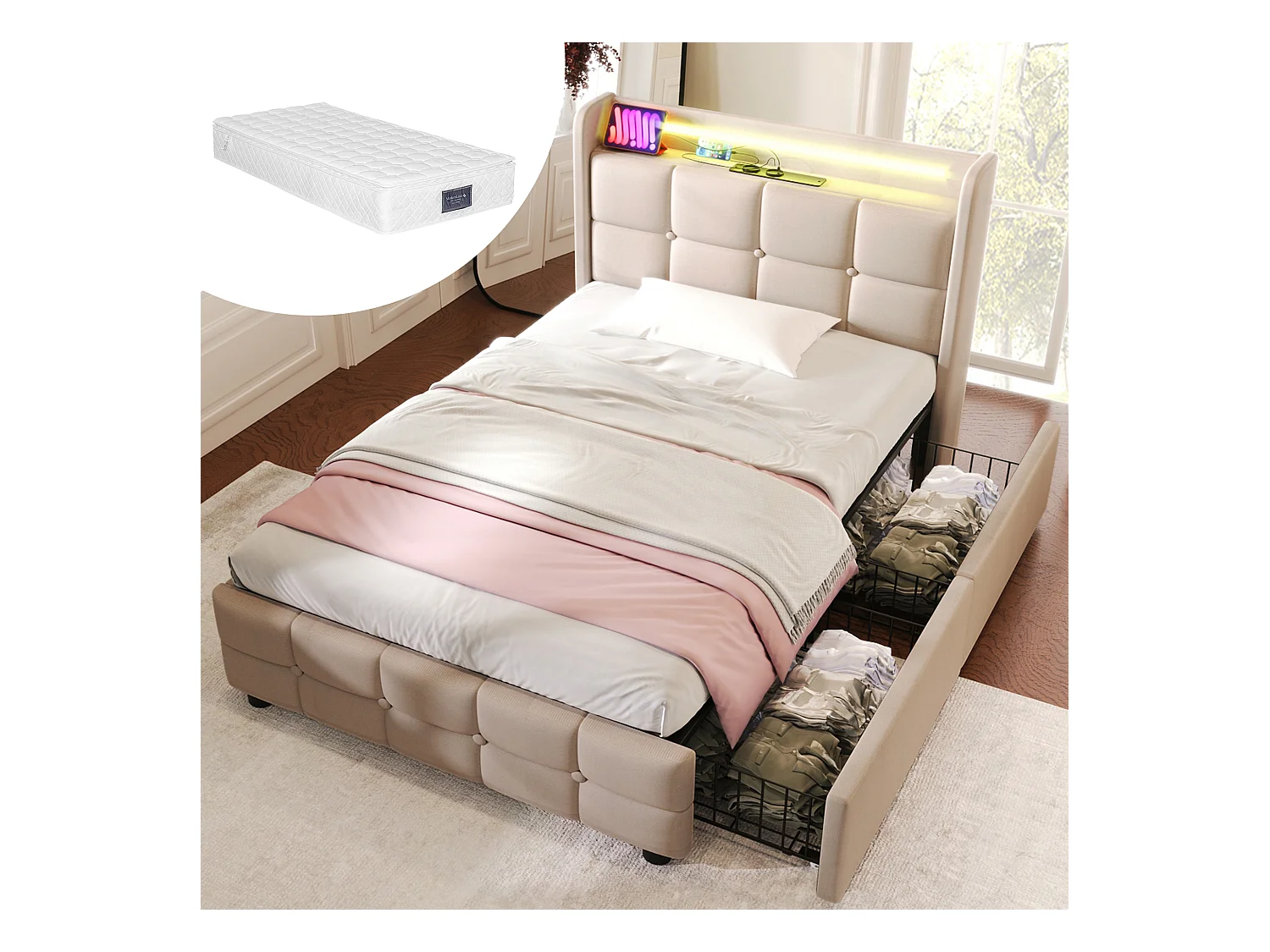 Lit simple beige 90x200cm avec matelas, 2 tiroirs, chargement USB et LED