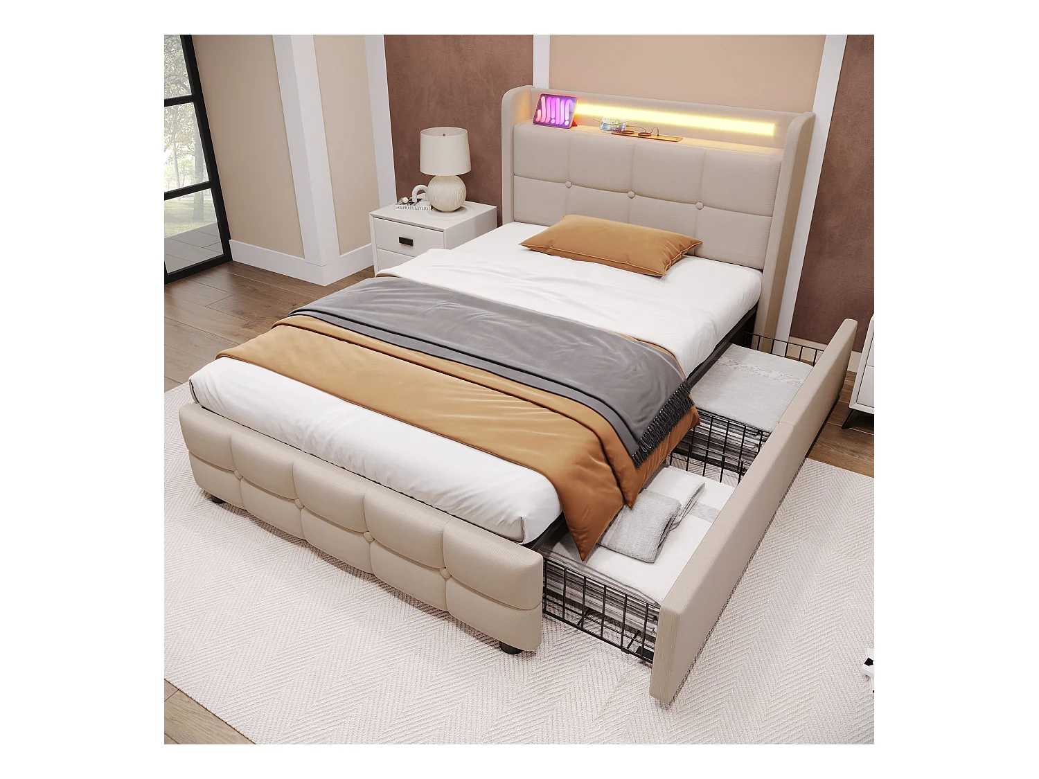 Lit simple beige 90x200cm avec matelas, 2 tiroirs, chargement USB et LED