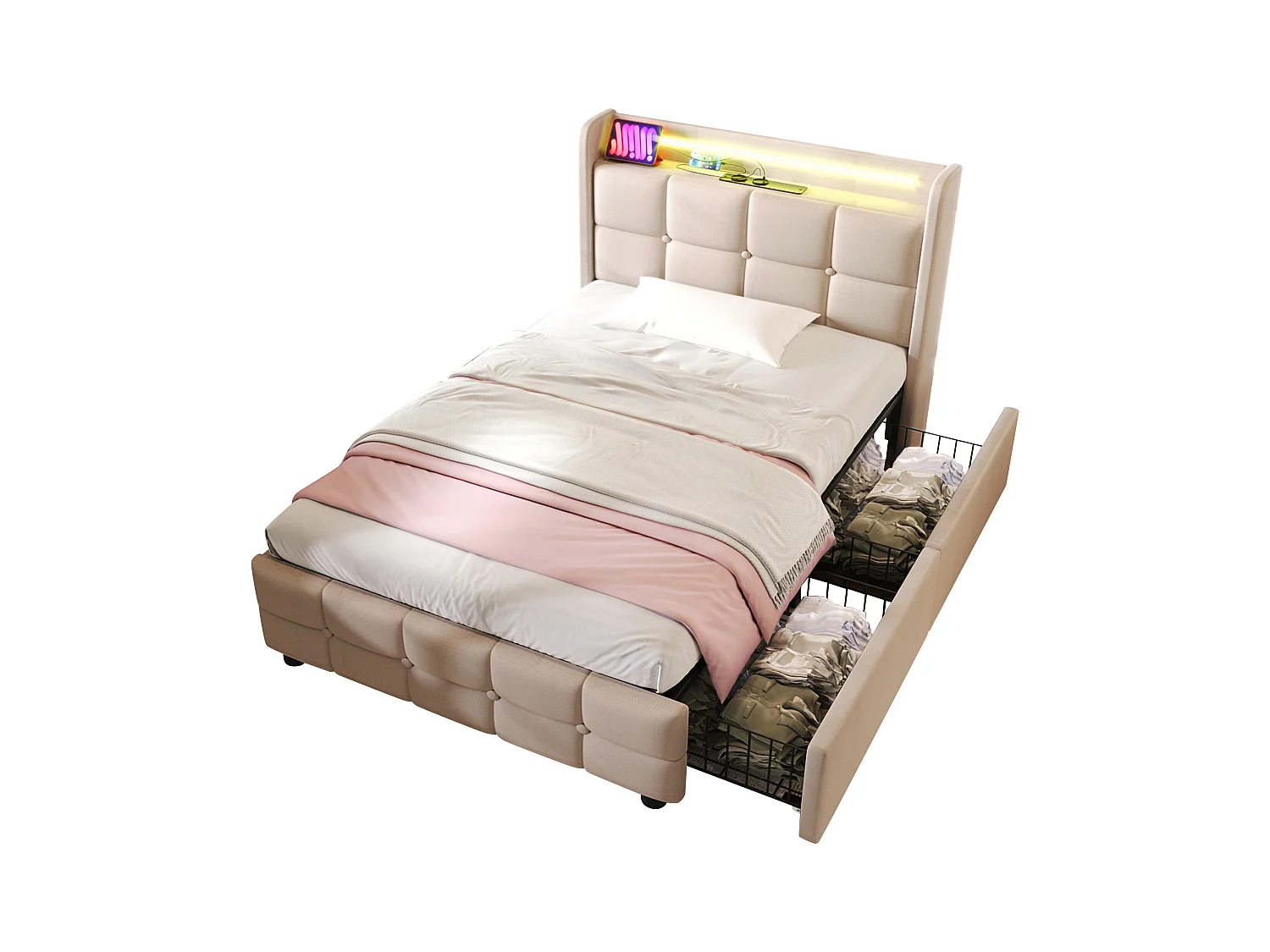 Lit simple beige 90x200cm avec matelas, 2 tiroirs, chargement USB et LED