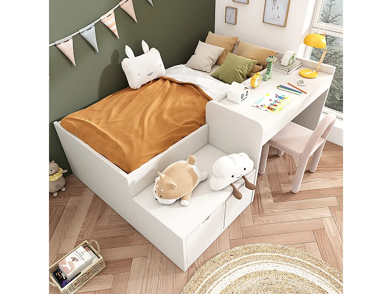 Lit enfant blanc 90x200cm avec 2 tiroirs et table, pin + MDF