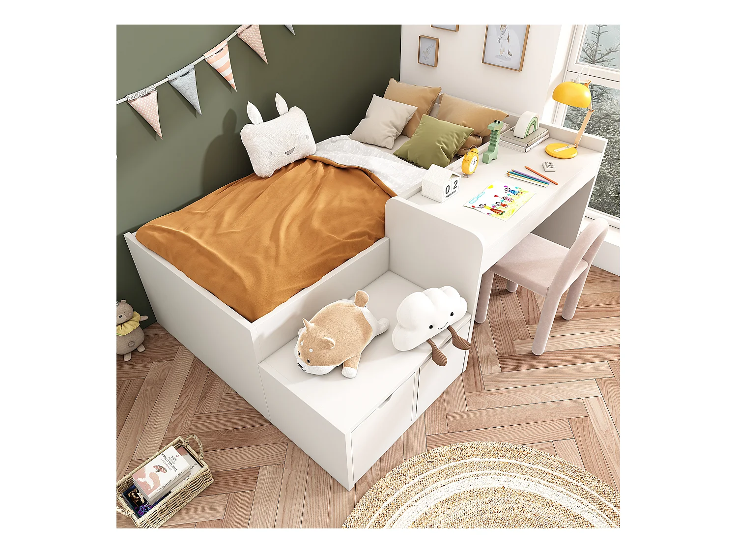 Lit enfant blanc 90x200cm avec 2 tiroirs et table, pin + MDF