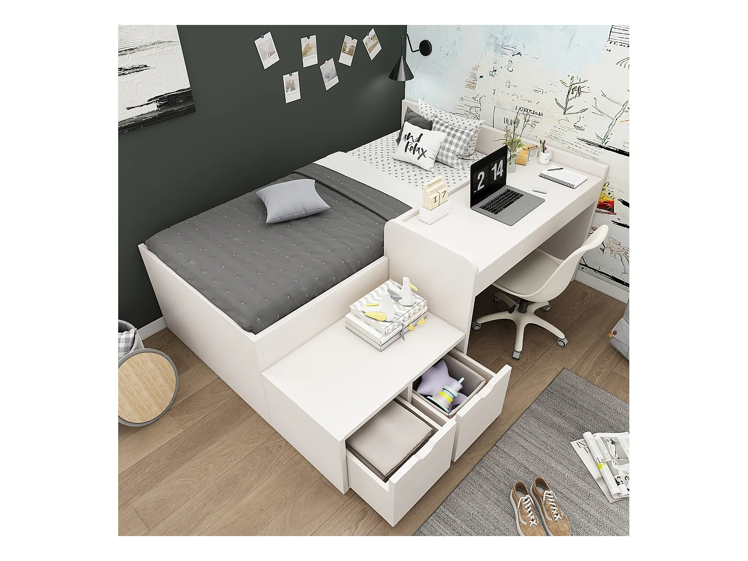 Lit enfant blanc 90x200cm avec 2 tiroirs et table, pin + MDF