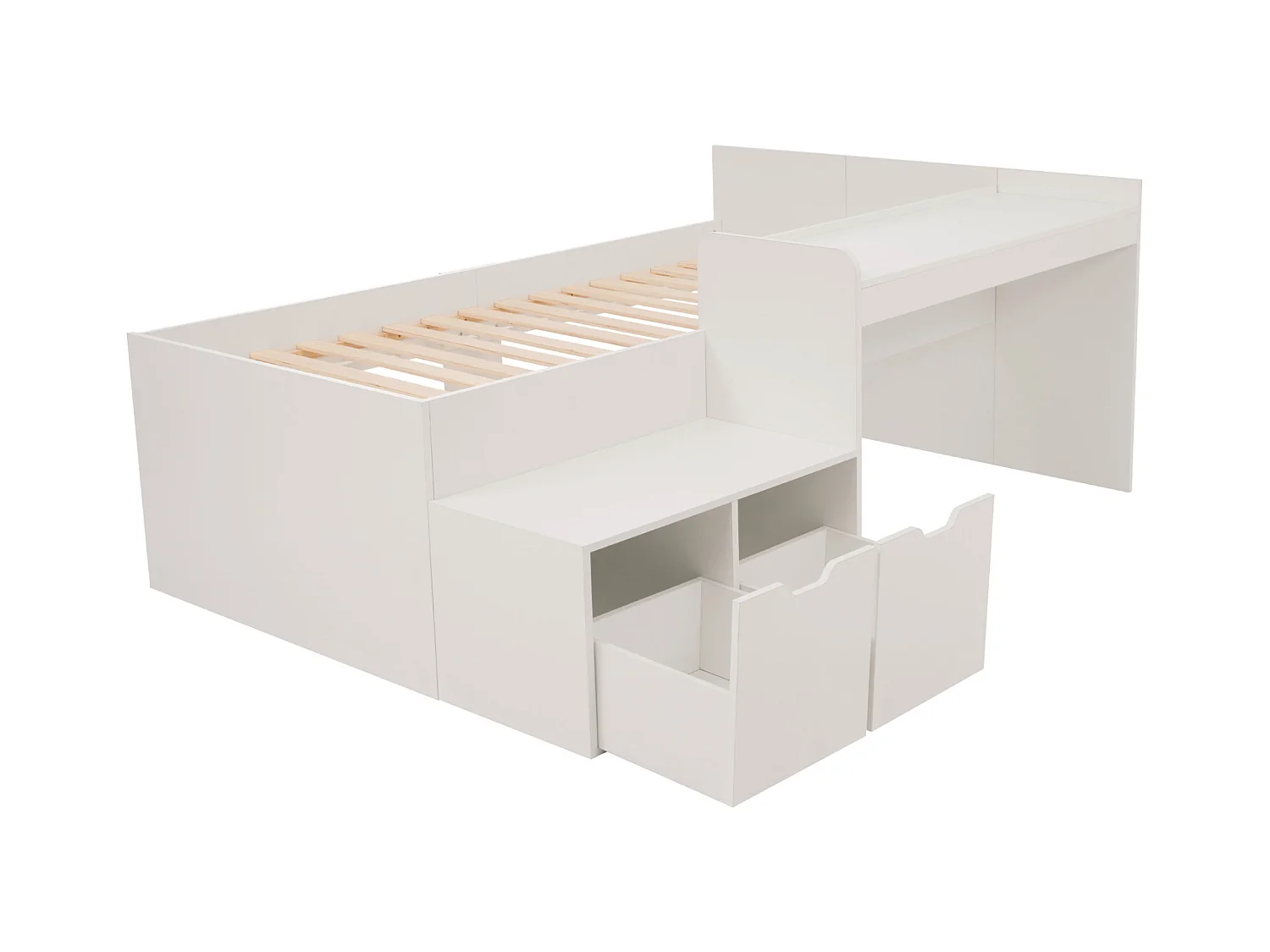 Lit enfant blanc 90x200cm avec 2 tiroirs et table, pin + MDF