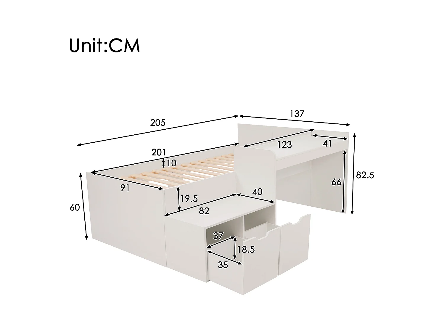 Lit enfant blanc 90x200cm avec 2 tiroirs et table, pin + MDF