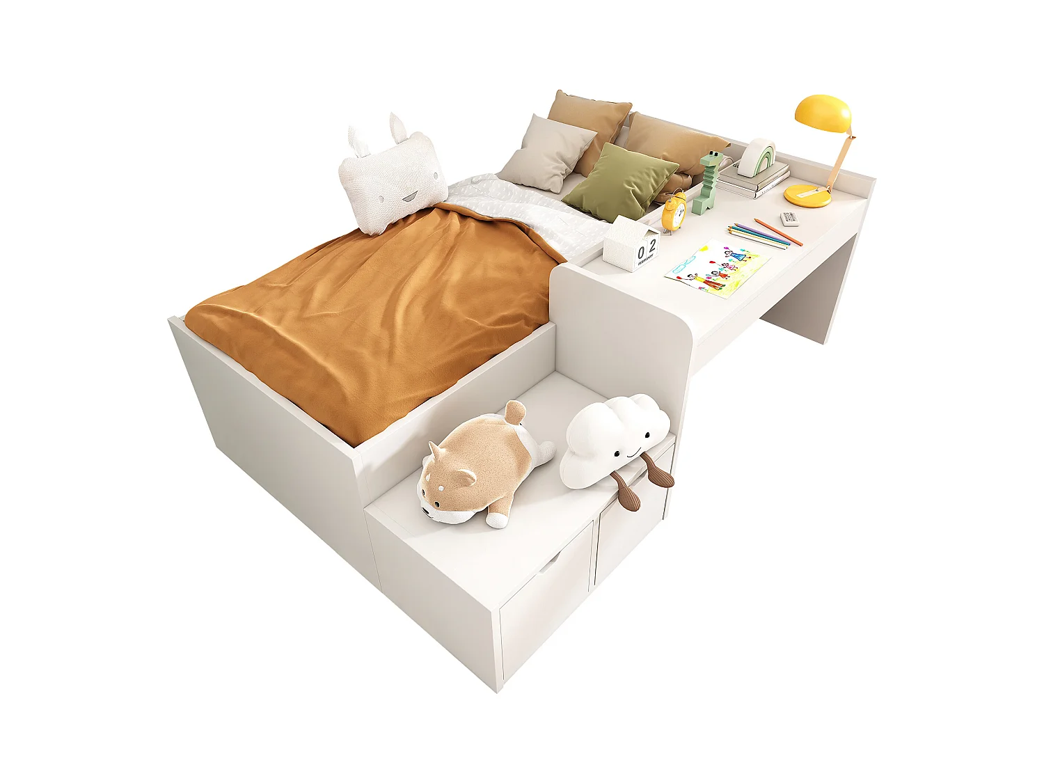 Lit enfant blanc 90x200cm avec 2 tiroirs et table, pin + MDF