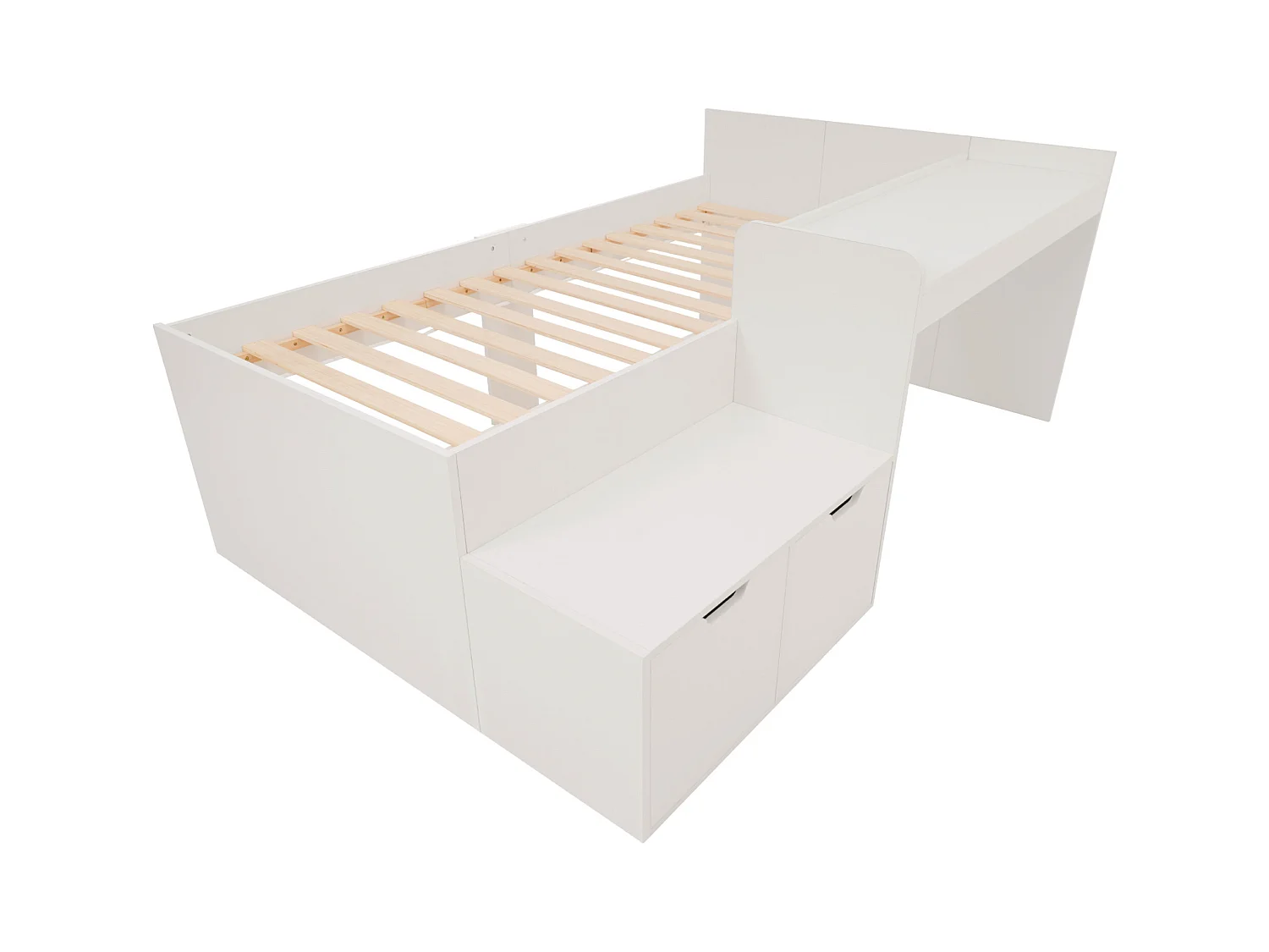 Lit enfant blanc 90x200cm avec 2 tiroirs et table, pin + MDF