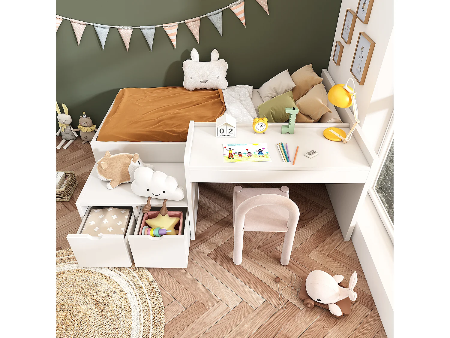 Lit enfant blanc 90x200cm avec 2 tiroirs et table, pin + MDF