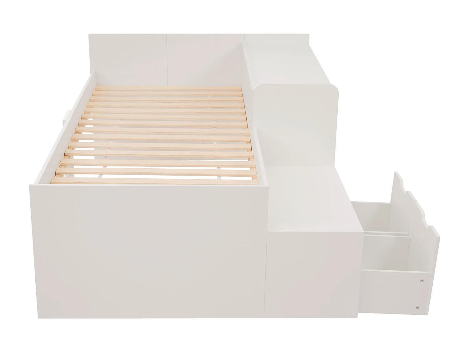 Lit enfant blanc 90x200cm avec 2 tiroirs et table, pin + MDF