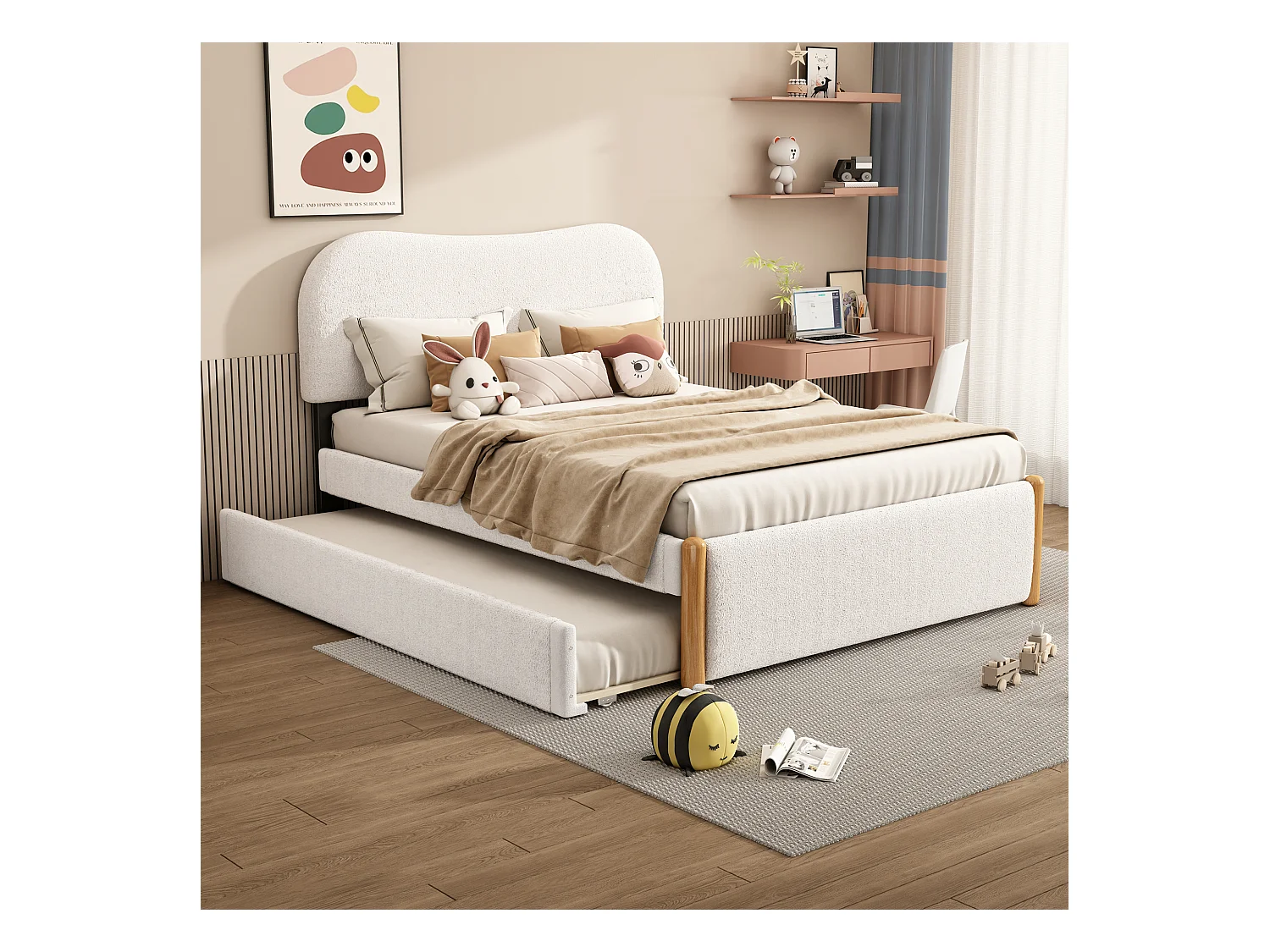 Lit adulte blanc 140x200cm avec lit gigogne 91x191cm, tissu poilu + MDF