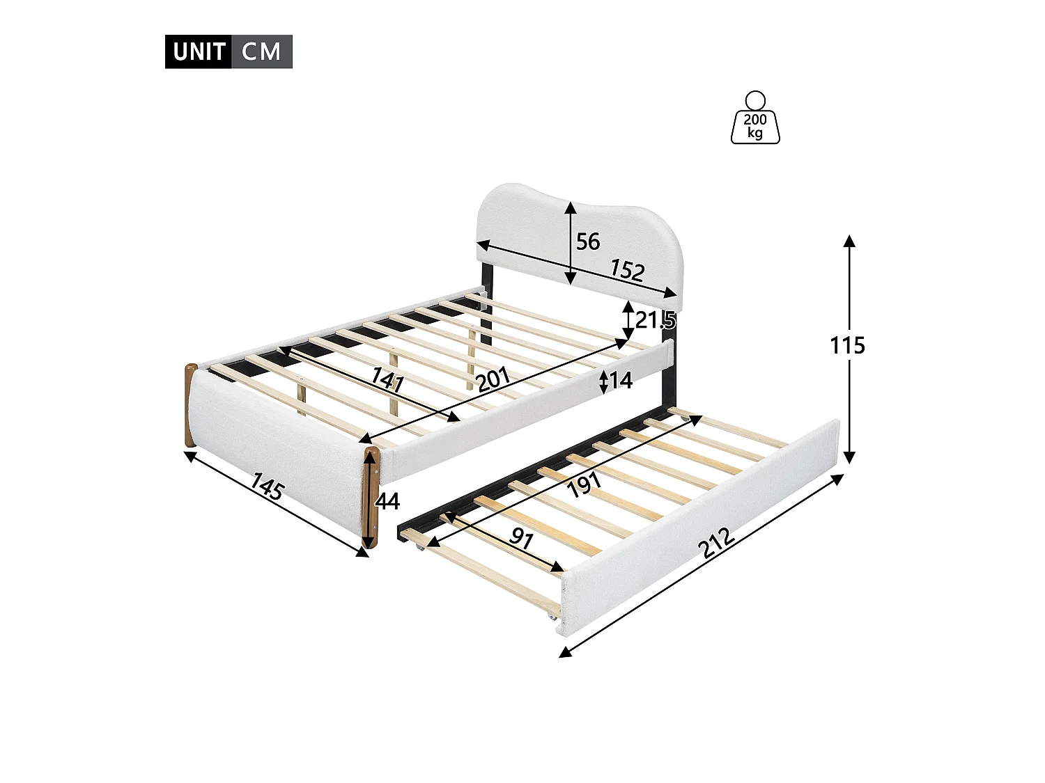 Lit adulte blanc 140x200cm avec lit gigogne 91x191cm, tissu poilu + MDF